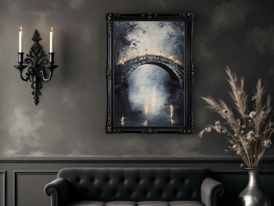 Night Bridge Reflection, Serene Landscape Art Print - Image 2
