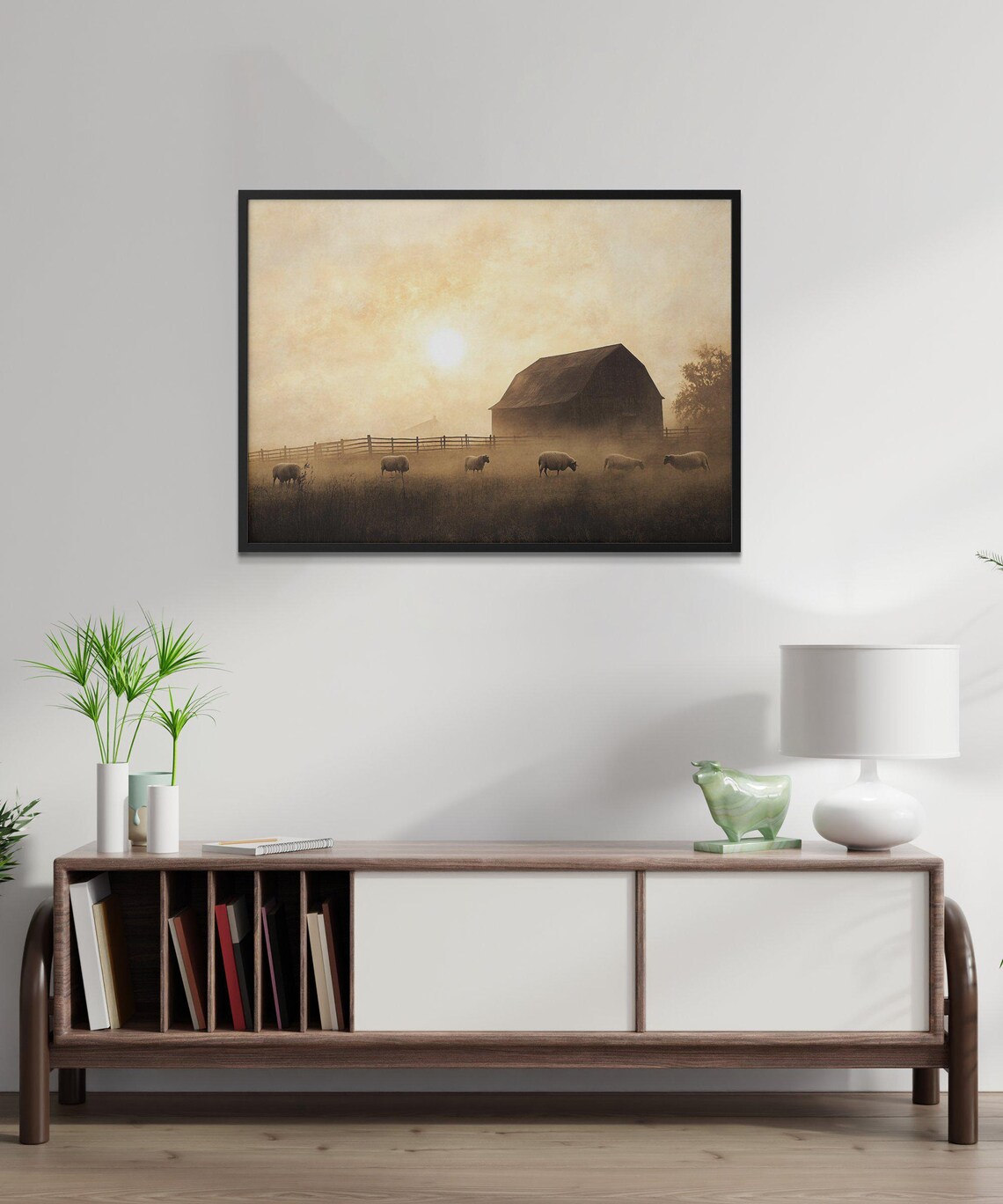 Rustic Farmhouse Sheep, Vintage Barn Landscape Print - Image 2