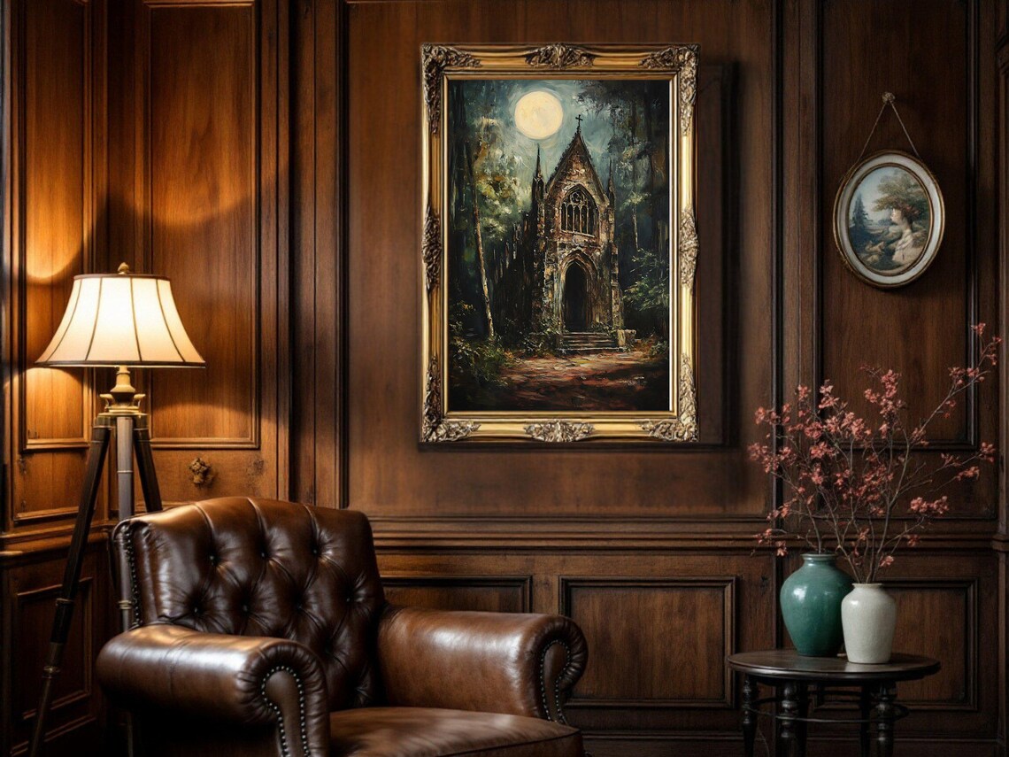 Haunted Gothic Church, Full Moon Night Painting - Image 3