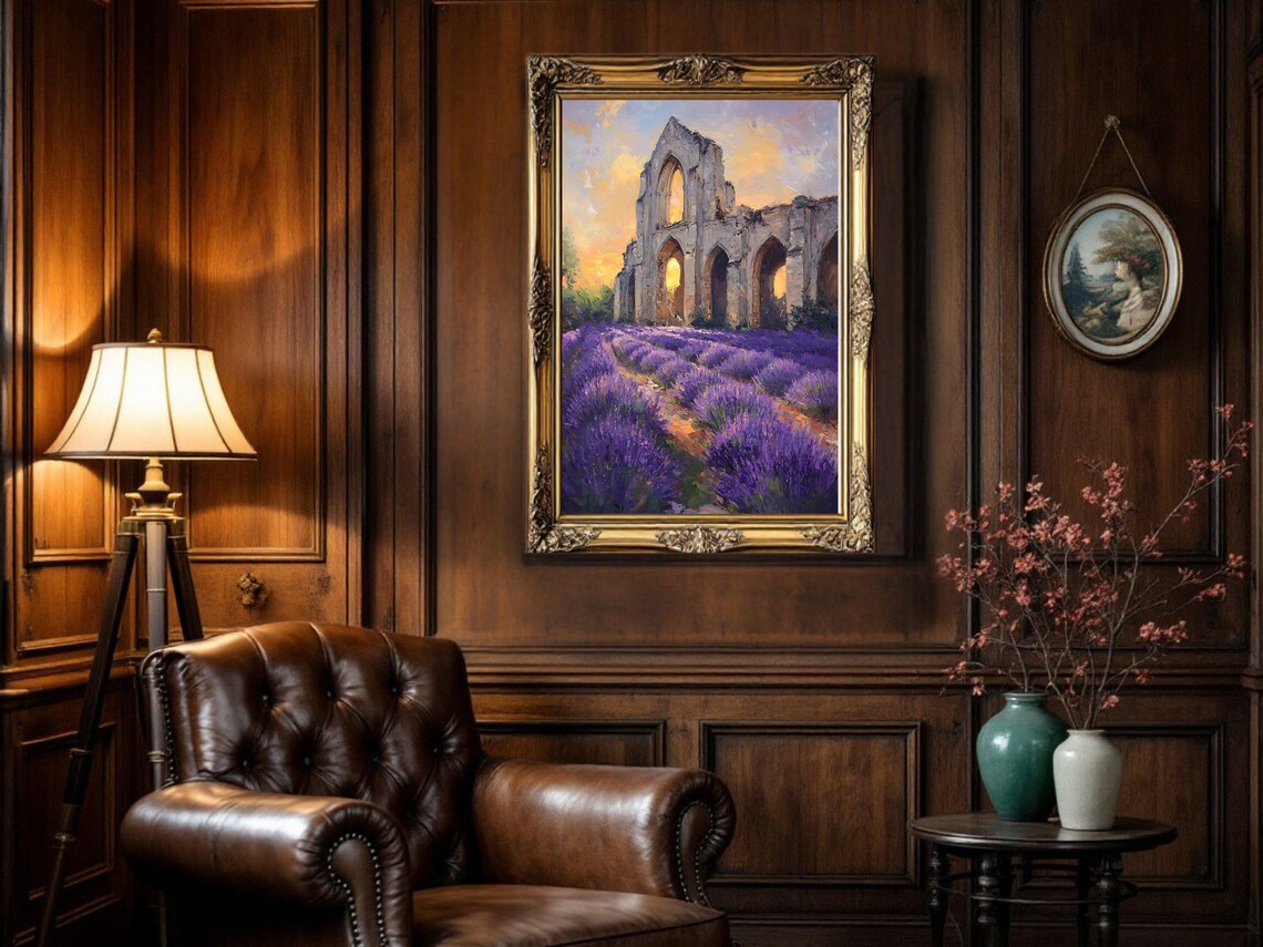 Vintage Castle Ruins Art Print, Lavender Field Sunset - Image 3