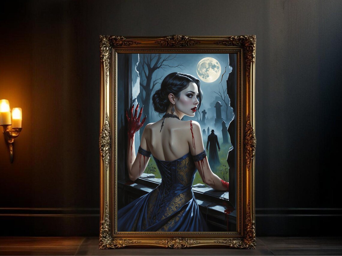 Gothic Vampire Lady Painting, Moonlit Night Cemetery