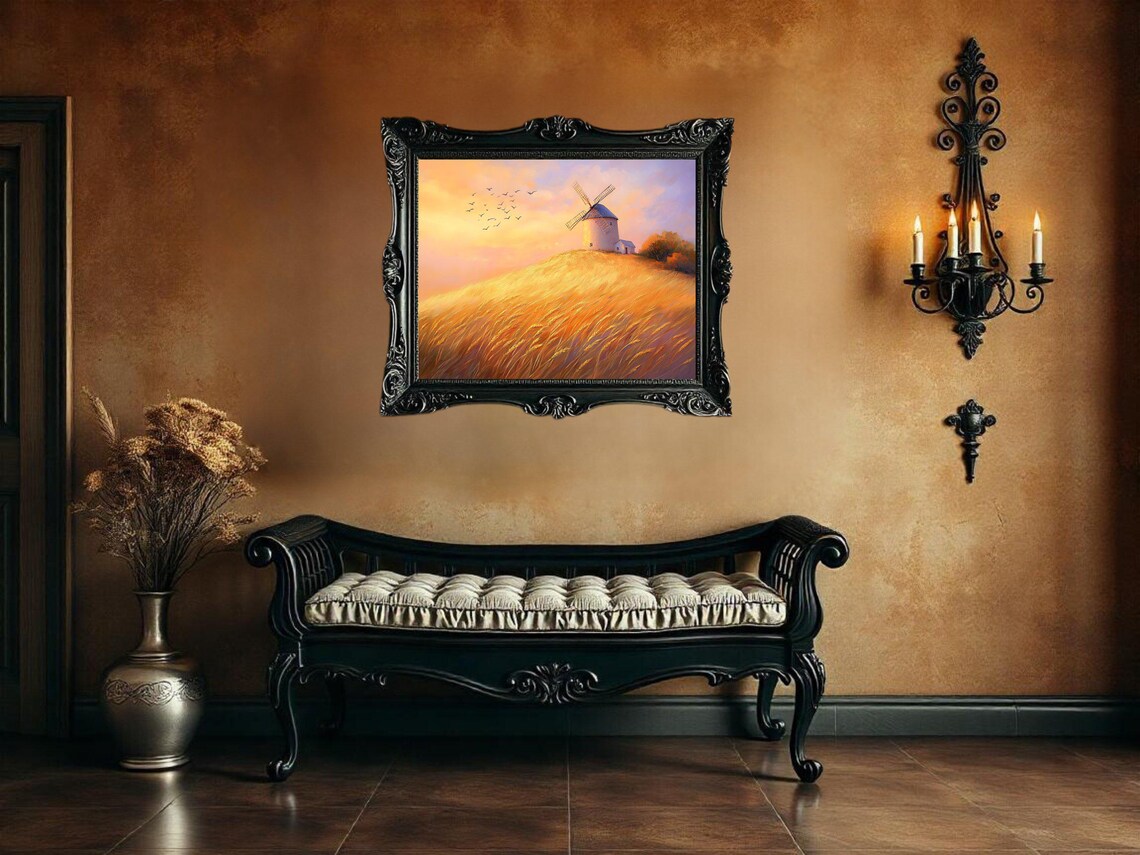 Windmill in Golden Fields, Sunset Landscape Art Print - Image 3