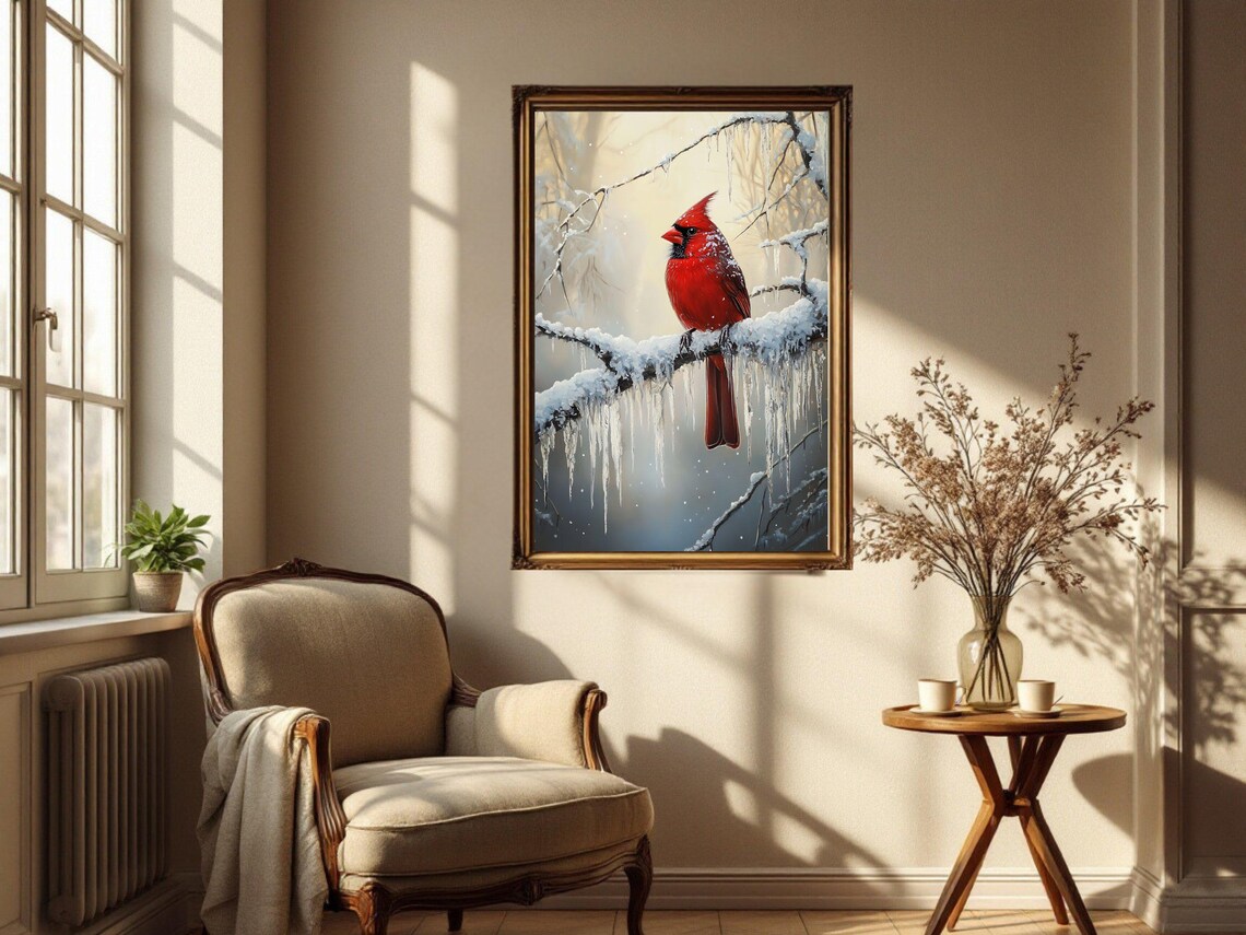 Winter Cardinal Bird, Snowy Nature Scene Art Print - Image 2