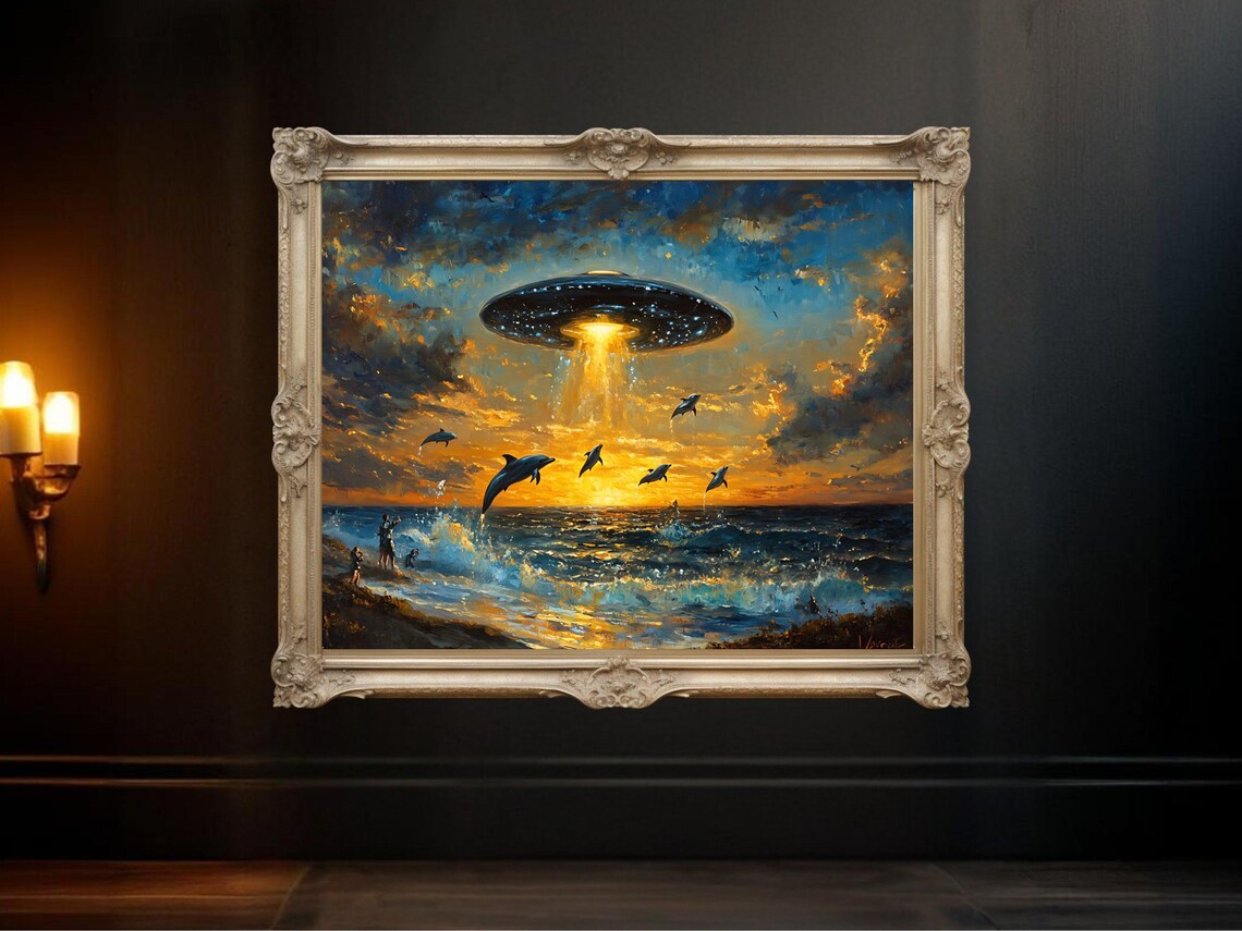 Surreal Ocean Sunset With UFO And Dolphins Art Poster