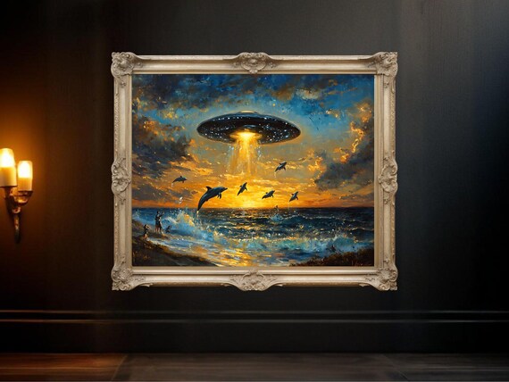 Surreal Ocean Sunset With UFO And Dolphins Art Poster