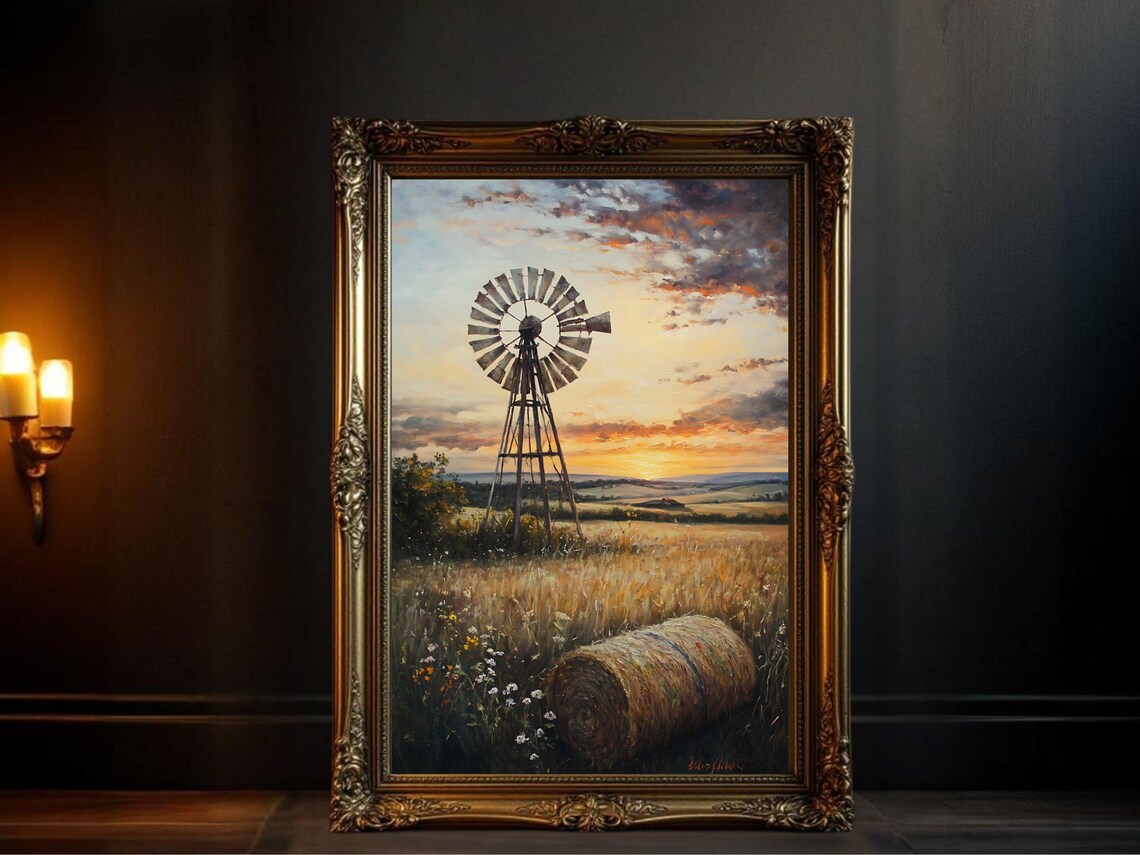 Vintage Windmill Landscape, Rustic Farmhouse Decor