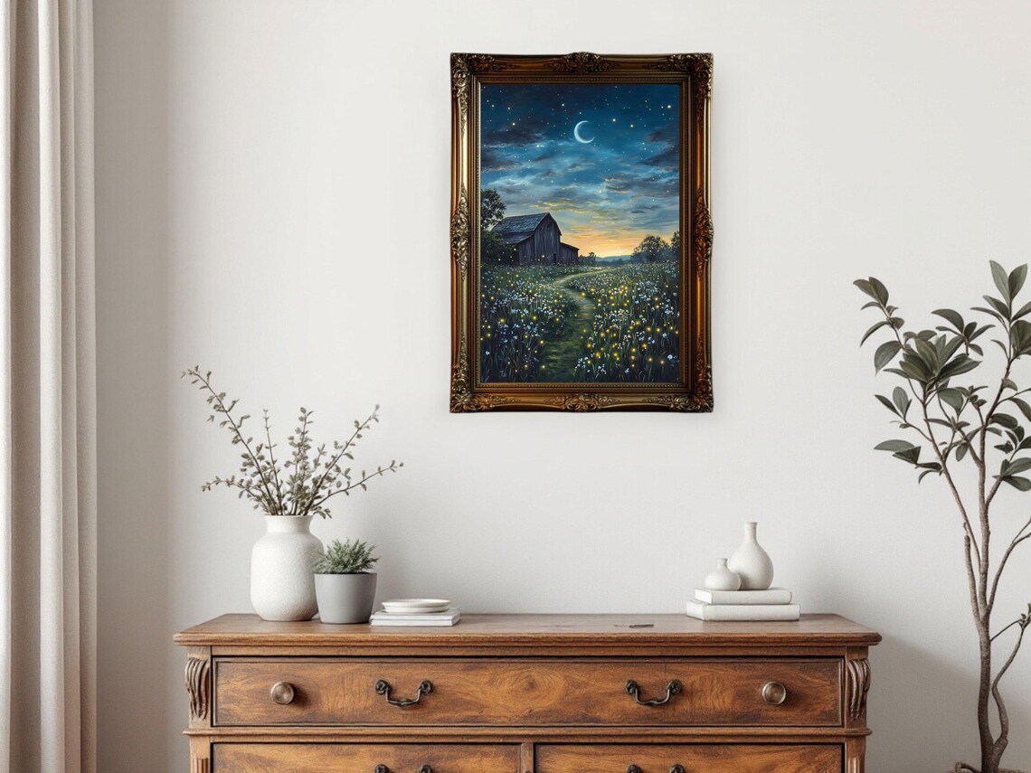 Starry Night Barn Firefly Meadow, Moonlit Landscape - Image 2