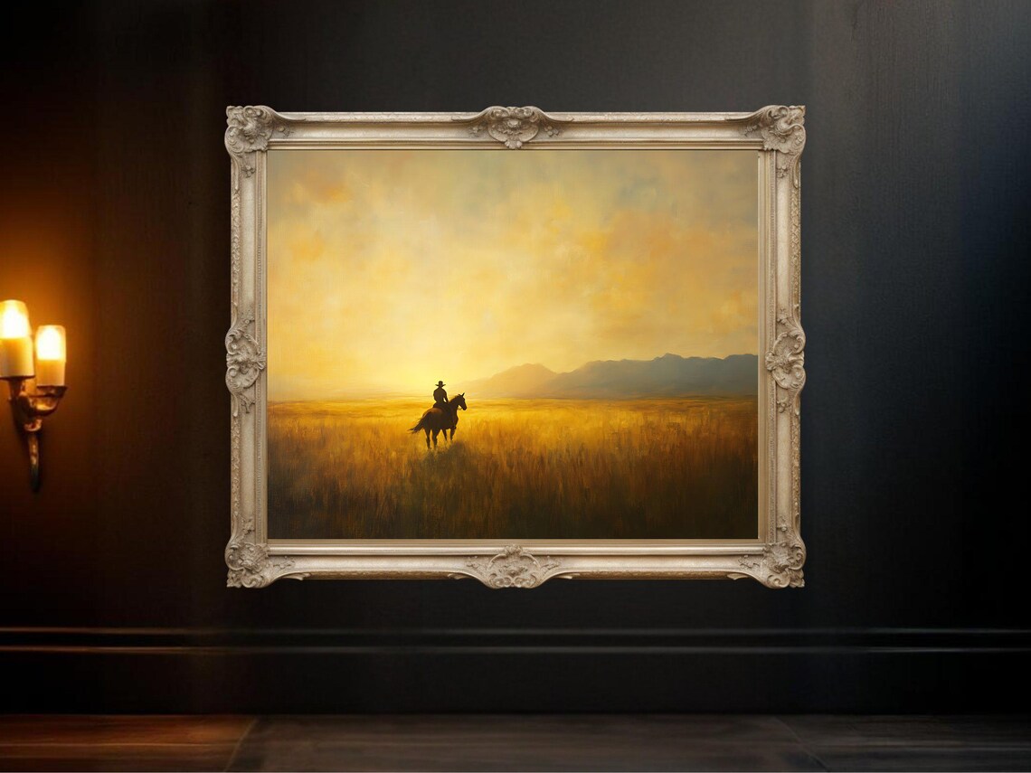 Cowboy Sunset Western Landscape, Rustic Home Decor
