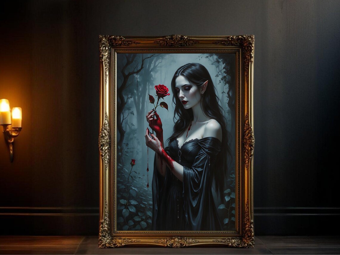 Gothic Vampire Woman Holding Rose, Dark Fantasy Art Print