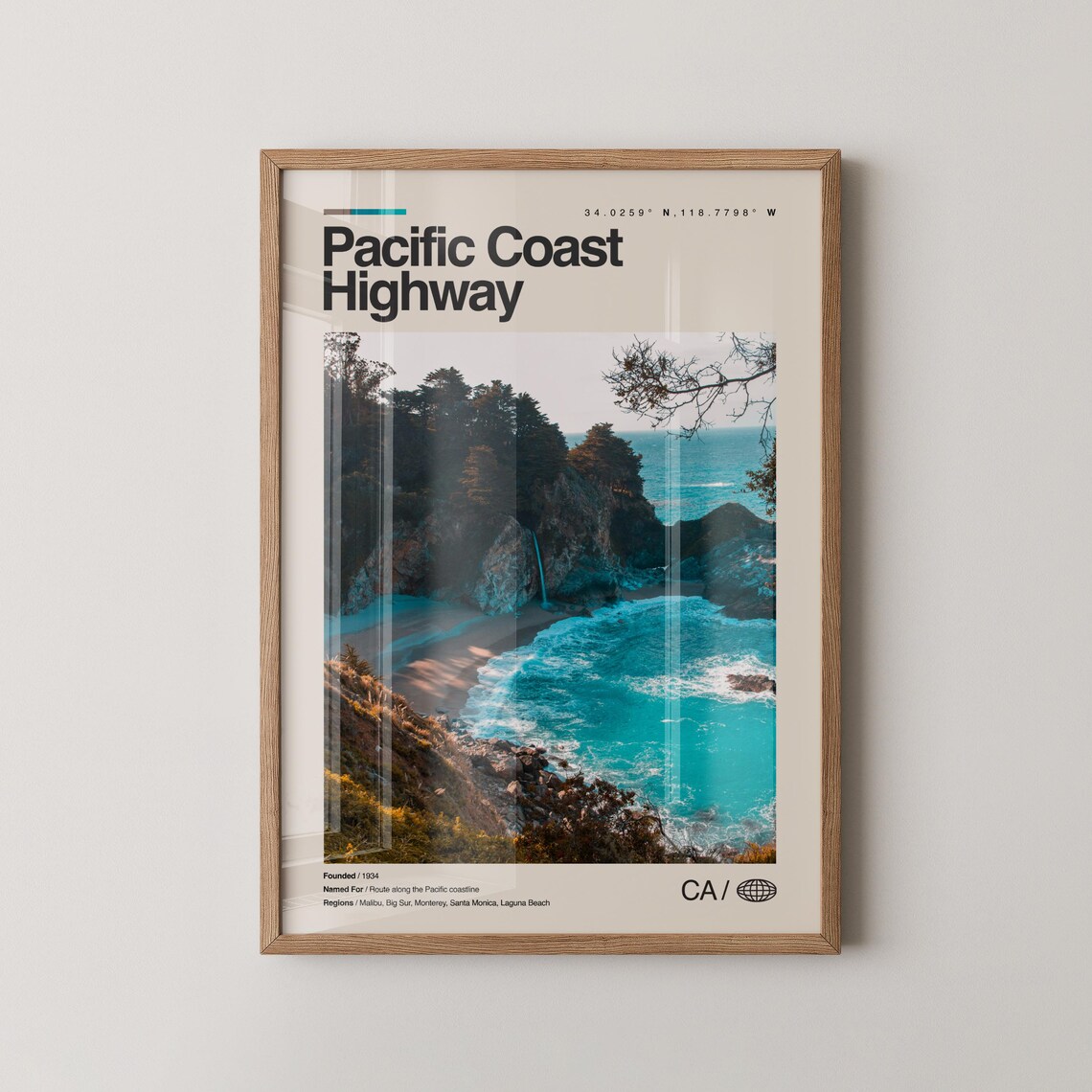 Pacific Coast Highway Print Real Photo Travel Art Pch Poster Mid Century Minimal Wall Map