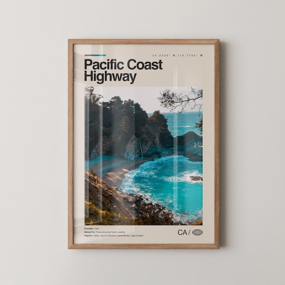 Pacific Coast Highway Print Real Photo Travel Art Pch Poster Mid Century Minimal Wall Map