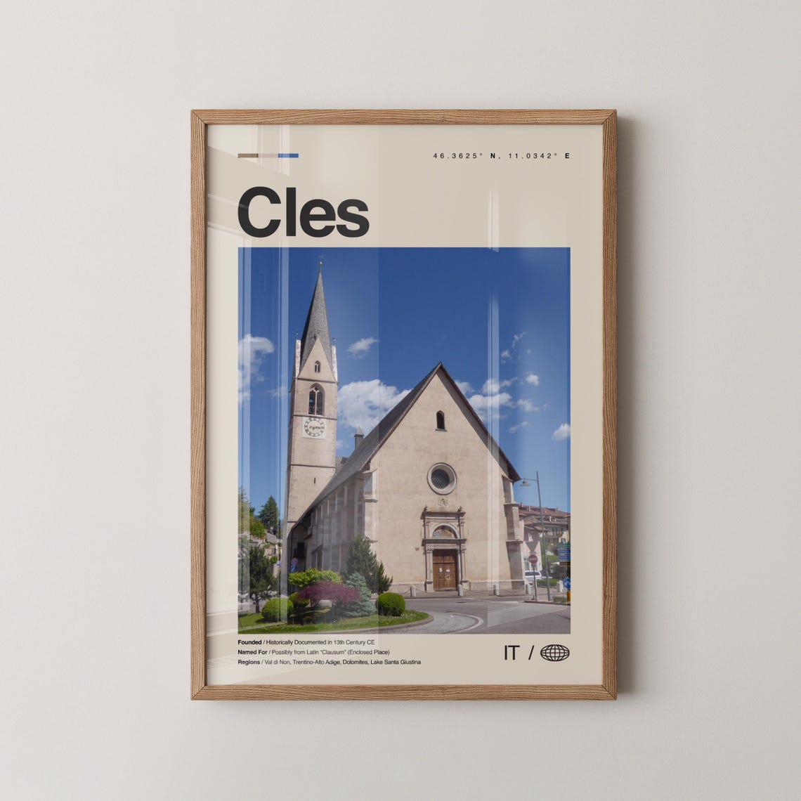 Cles Italy Church Photo Travel Poster With Printed Coordinates