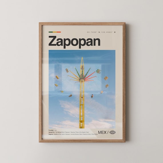Zapopan Mexico Colorful Swing Ride Tower Against Blue Sky Travel Poster