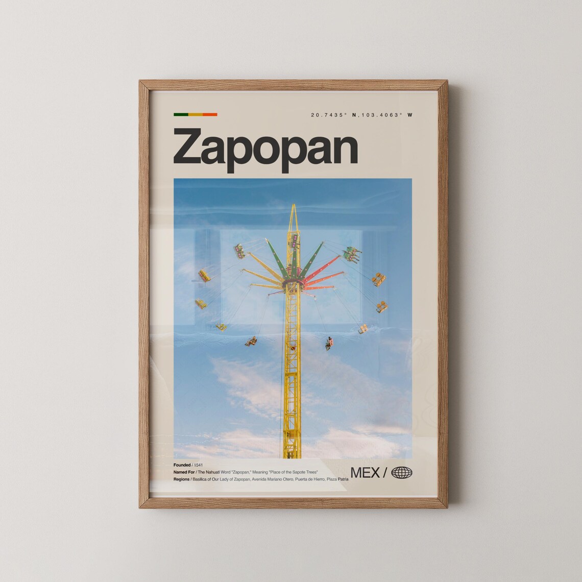 Zapopan Mexico Colorful Swing Ride Tower Against Blue Sky Travel Poster