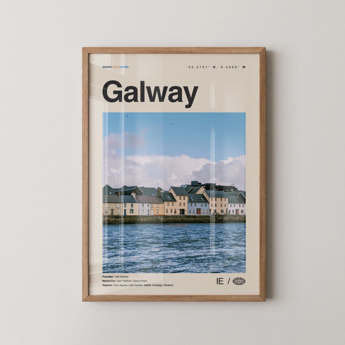 Galway Travel Poster Colorful Harbor Houses Photo with Coordinates Map