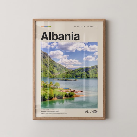 Albania Lake Mountains Minimalist Europe Travel Photo Poster