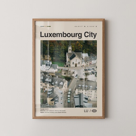 Luxembourg City Photo Travel Poster Old Town Church Aerial View Europe Decor