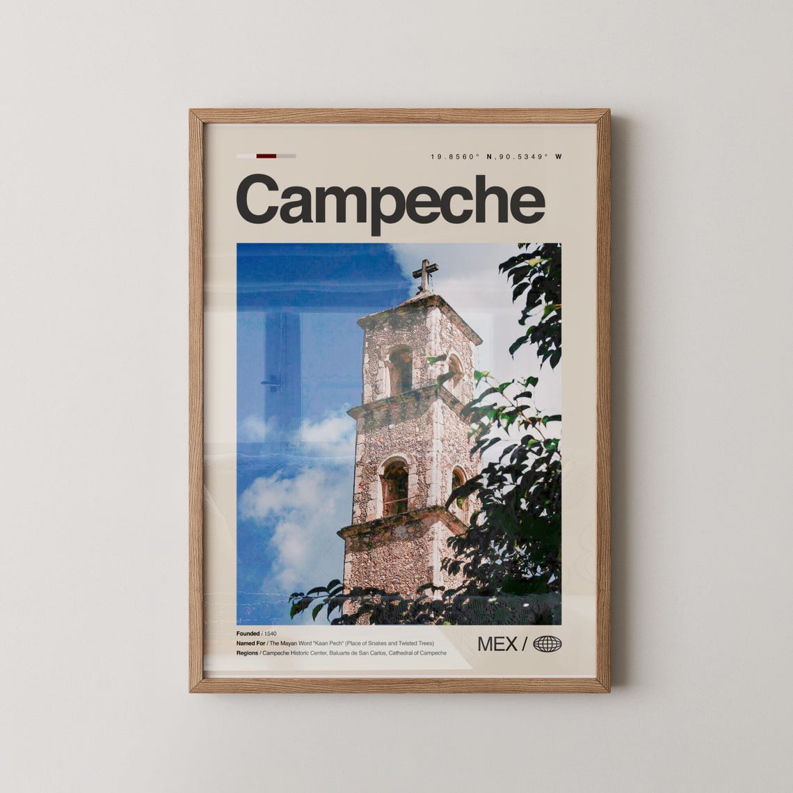 Campeche Mexico Historic Church Bell Tower Minimalist Travel Poster