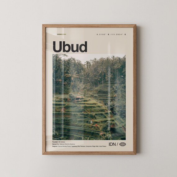 Ubud Print Indonesia Wall Art Poster Photo Monkey Forest Tegalalang Rice Terrace Campuhan Ridge Walk Goa Gajah