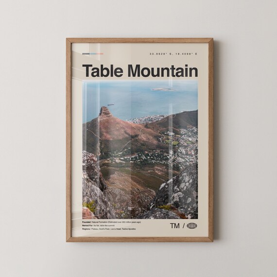 Table Mountain Cape Town Minimalist Photo Poster with Coordinates