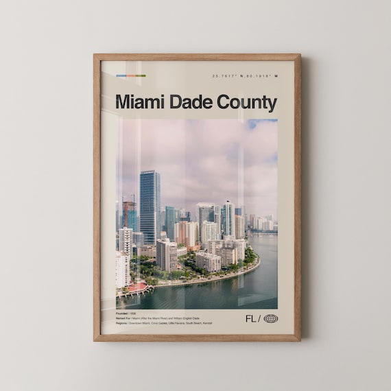 Miami Dade County Skyline Photo Vintage Florida Travel Poster