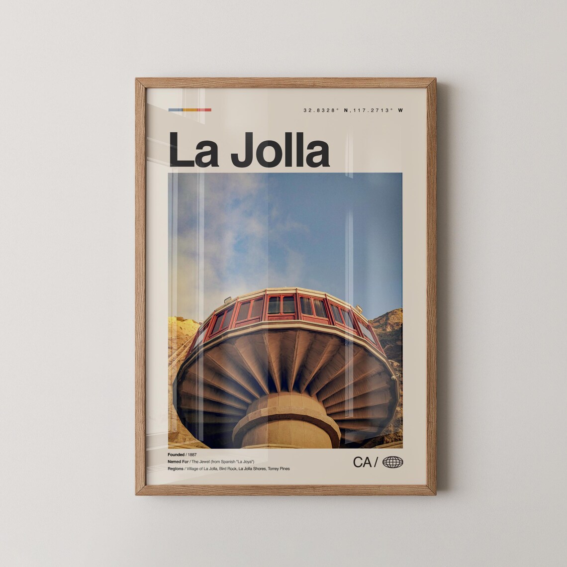 La Jolla California Travel Poster Round Cliff Tower Retro Ocean View