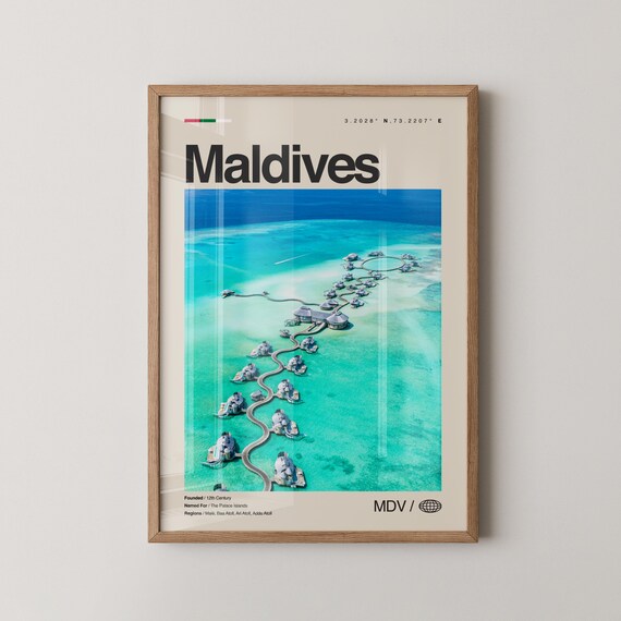Maldives Wall Art Poster Photo Overwater Bungalows Coral Reefs White Sand Beaches Snorkeling Scuba Diving