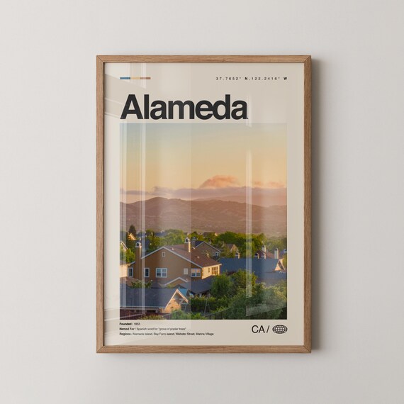 Alameda California Golden Sunset Rooftops Minimal Photo Art Poster