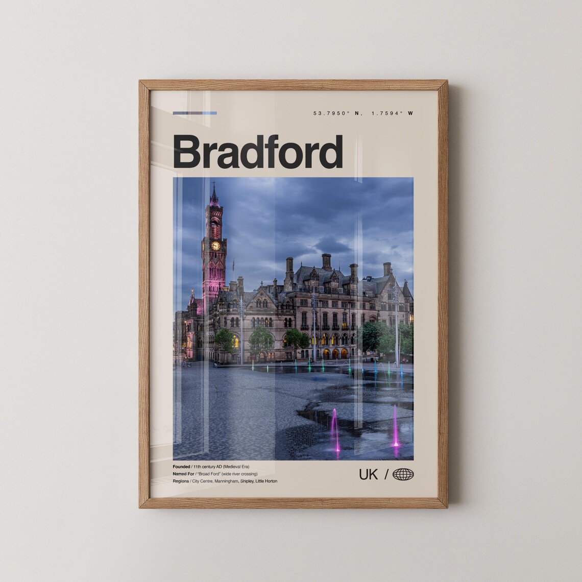 Bradford England City Hall Clock Tower Dusk Minimalist Travel Poster