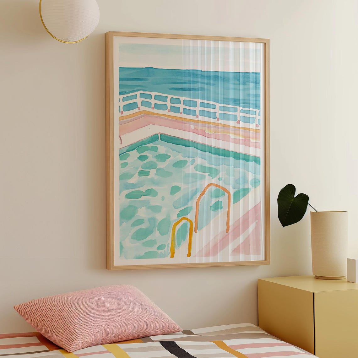 Turquoise Retro Swimming Pool Watercolor 90s Summer Coastal Art Print