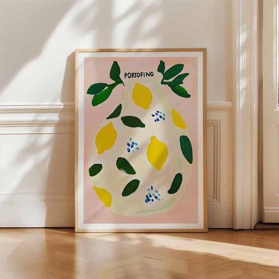 Portofino Lemon Vase Italian Coastal Bright Kitchen Art Poster
