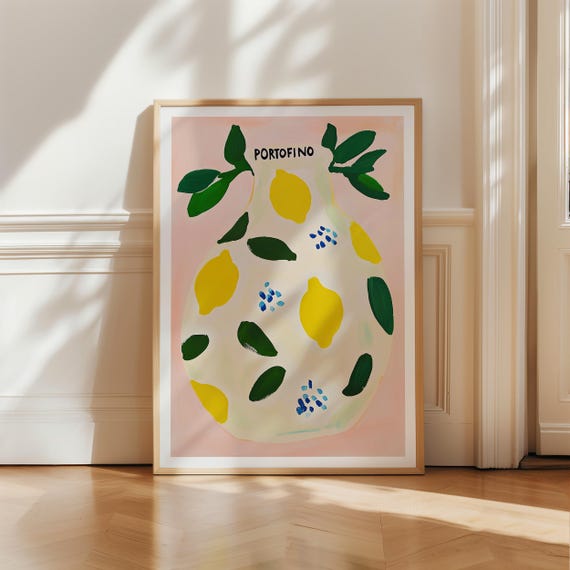 Portofino Lemon Vase Print Italian Coastal Kitchen Art