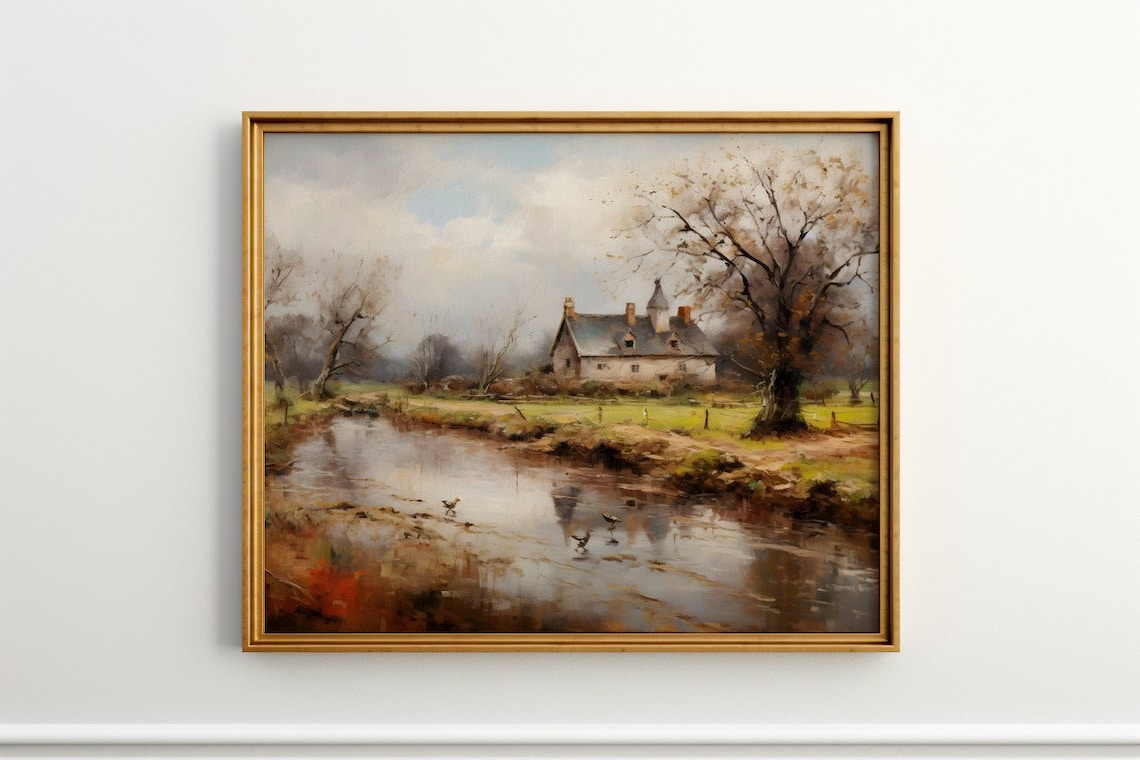 Rustic Reflections, A Cottage By The Stream Antique Print