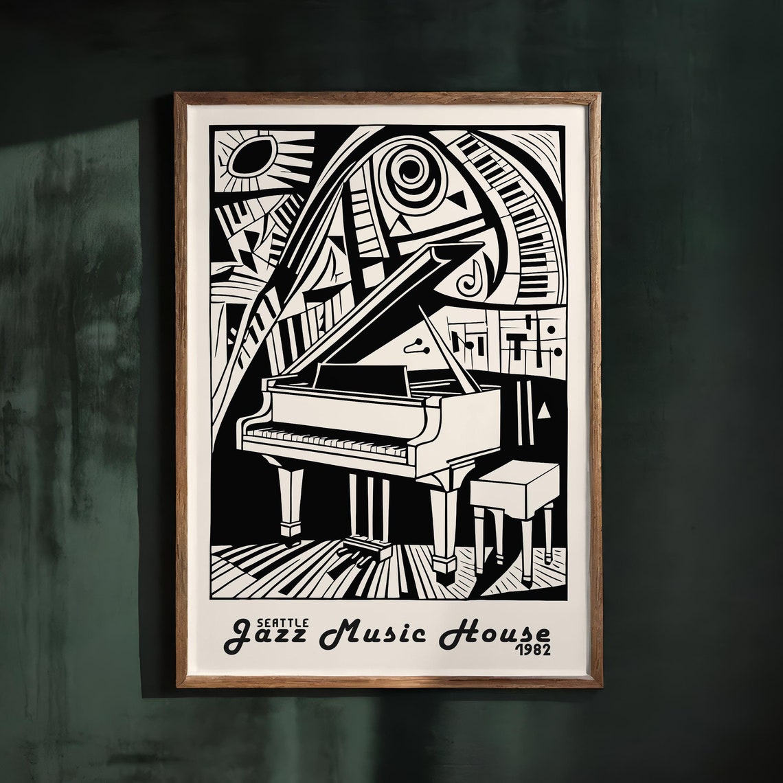 Retro White Seattle 1982 Jazz Music House Black Piano Poster