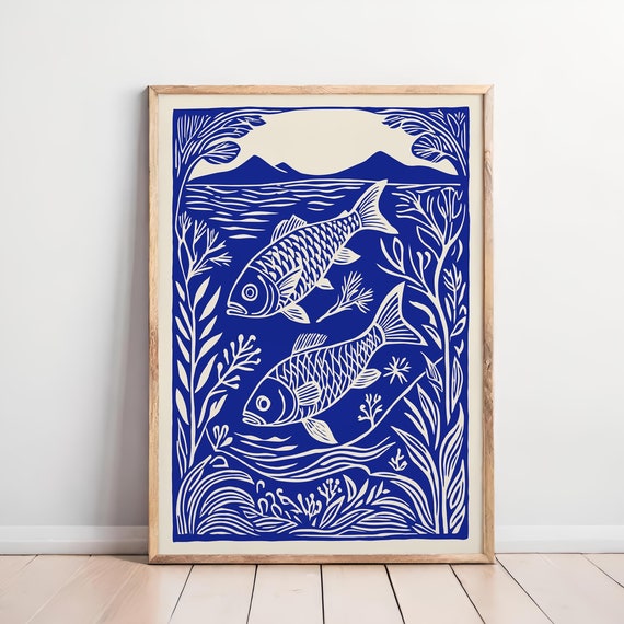 Blue Fish Art Print Japanese Koi Wall Art Minimalist Ocean Poster Nature Fish Art Print Coastal Wall Art Kitchen Wall Art Bathroom Art