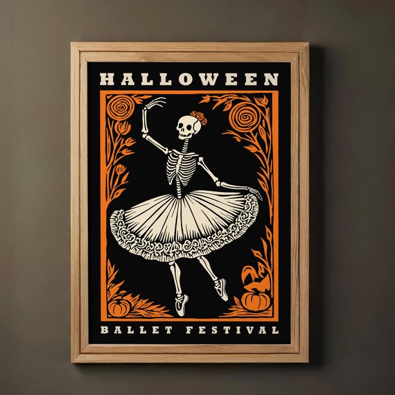 Vintage Halloween Ballet Festival Skeleton Ballerina Dance Poster