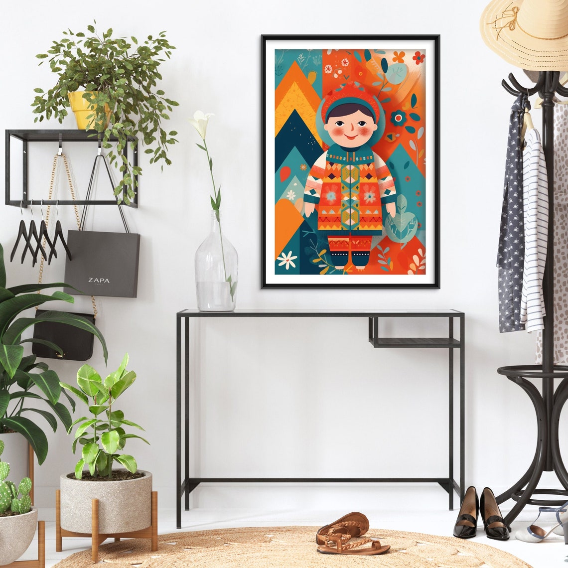 Smiling Boy in Colorful Patterned Folk Coat Illustration Poster - Image 2