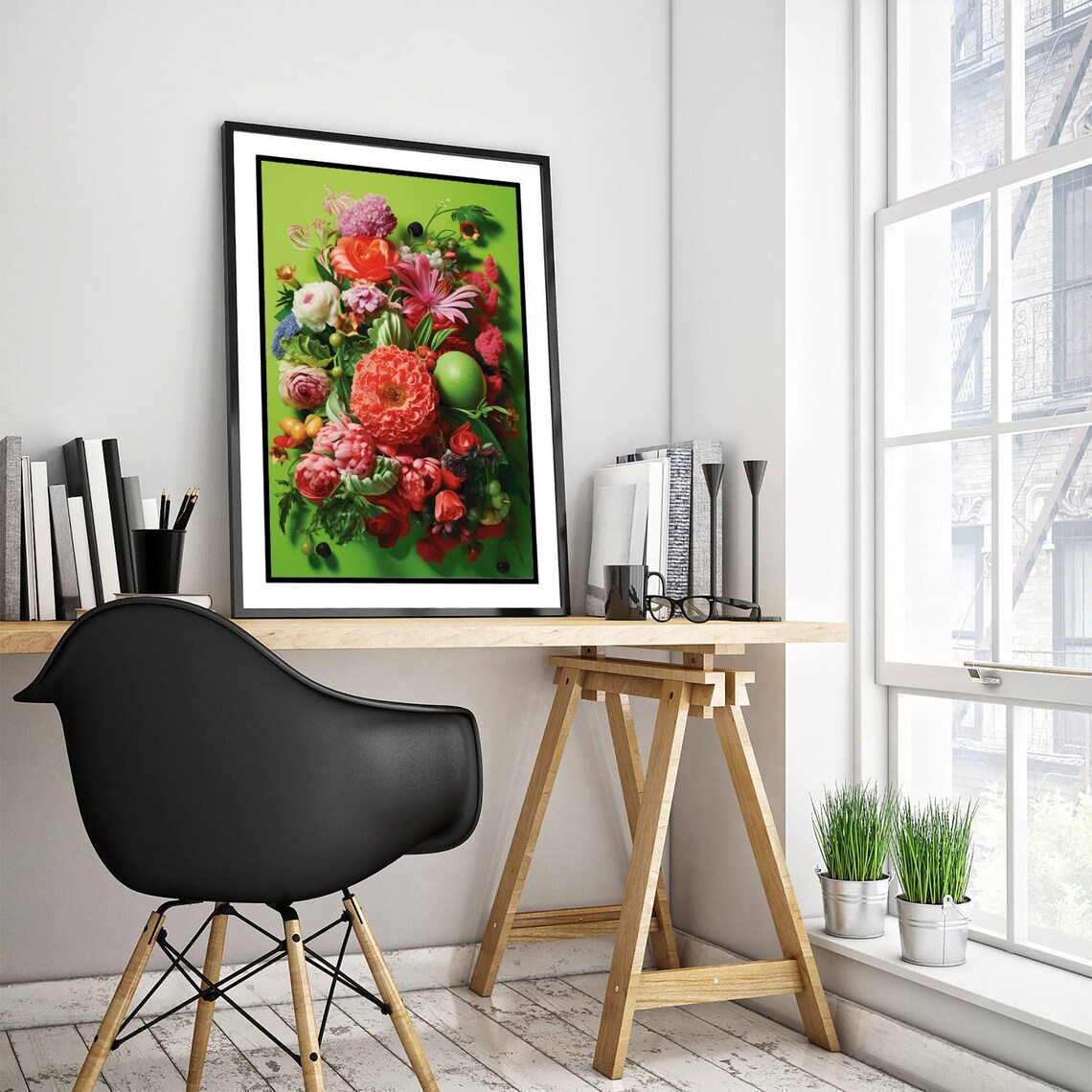 Pink Flower Bouquet Pop Art Bright Green Background Floral Poster - Image 3