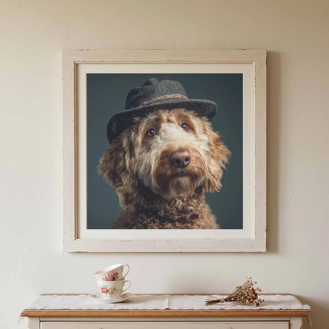 Funny Doodle Dog Wearing Tweed Hat Charming Pet Portrait Poster