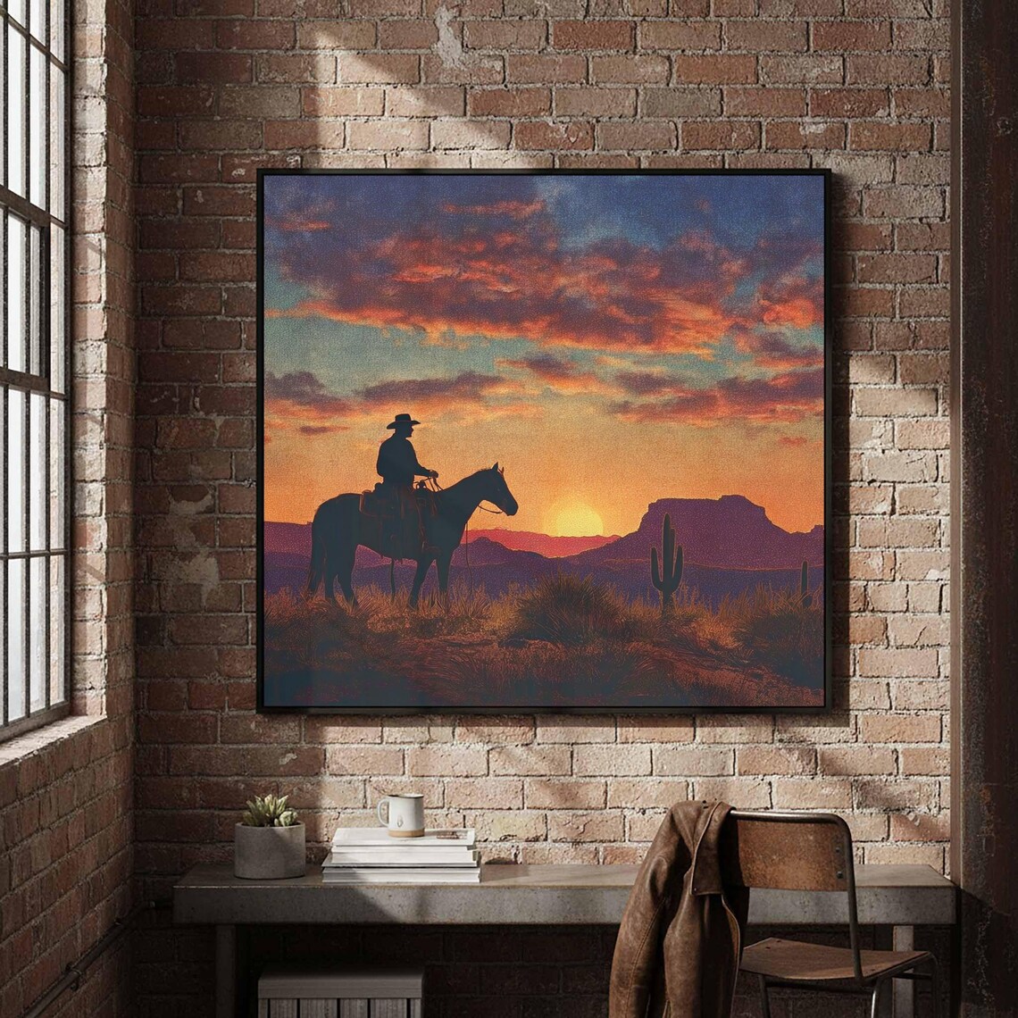 Cowboy Horse Silhouette Desert Sunset Western Cactus Art Print