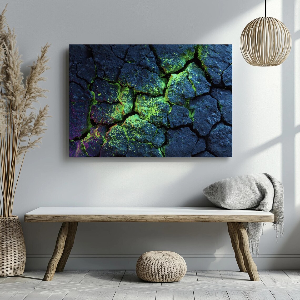 Abstract Rock Wall Art Neon Green Blue Canvas Print