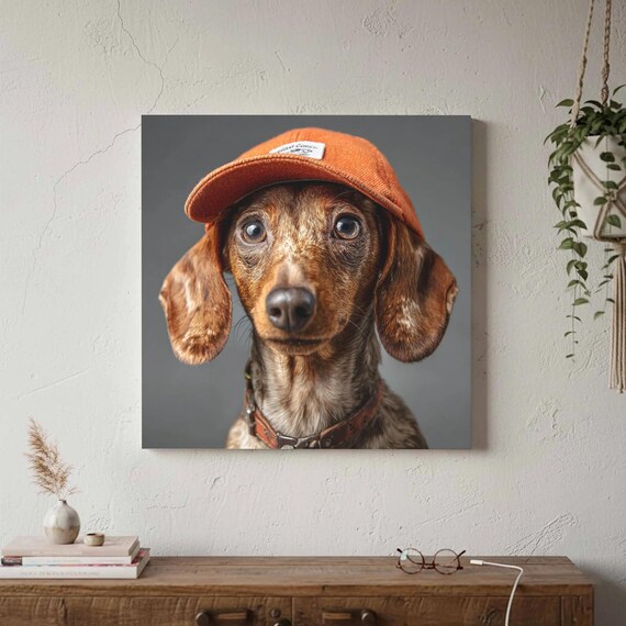 Dachshund Wearing Orange Baseball Cap Funny Cute Dog Portrait Poster