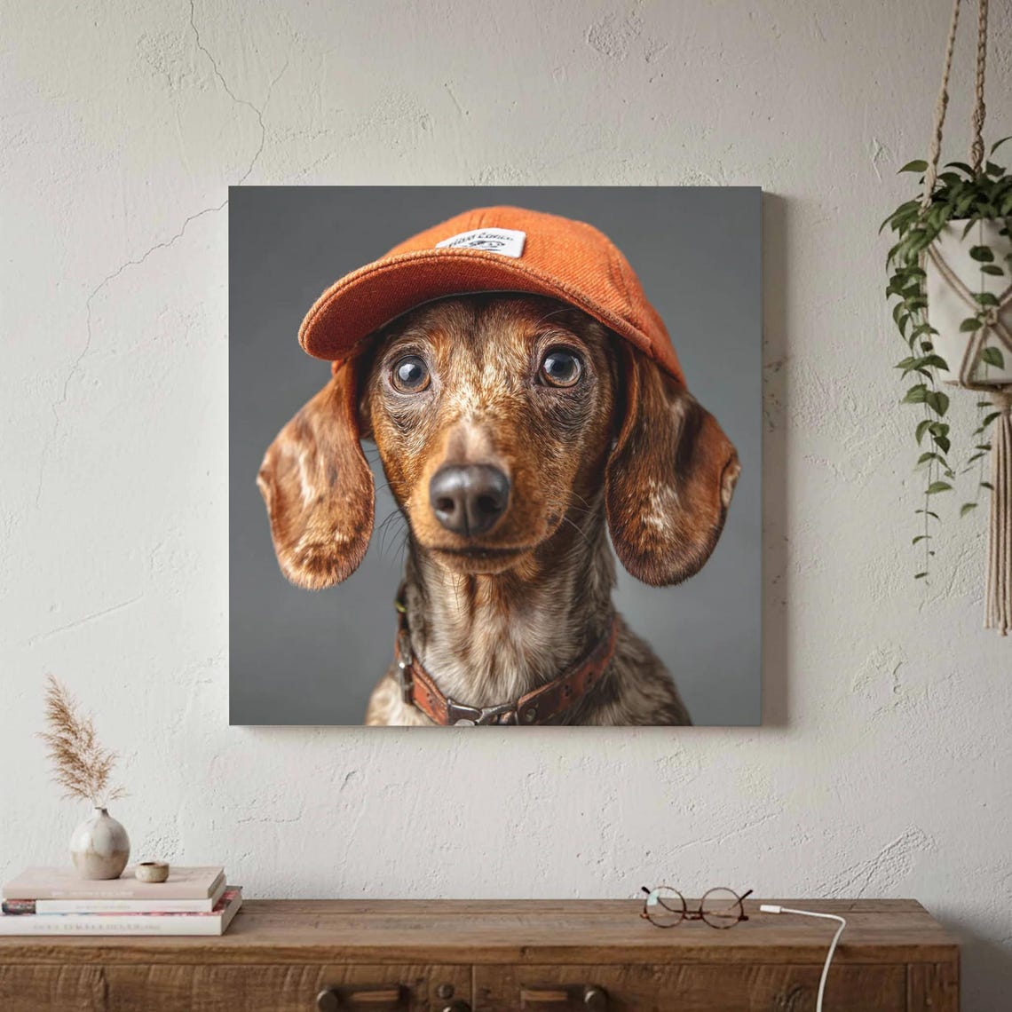 Dachshund Wearing Orange Baseball Cap Funny Cute Dog Portrait Poster