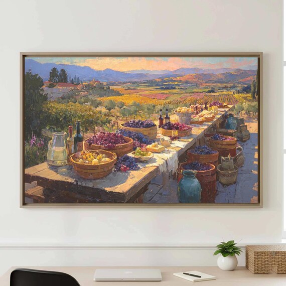 Vineyard Harvest Grape Baskets Impressionist Wine Country Painting Poster