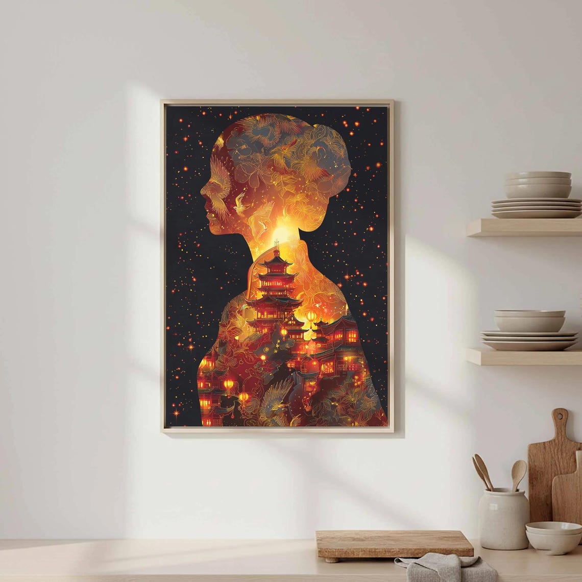 Chinese Woman Silhouette Phoenix Pagoda Double Exposure Art Poster