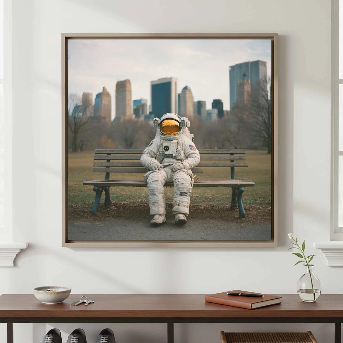 Astronaut Park Bench City Skyline Surreal Photography Poster