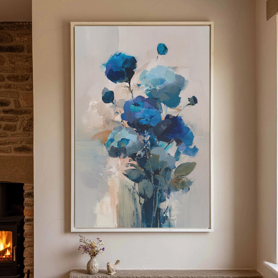 Abstract Blue Floral Canvas Wall Art Modern Impressionist Print