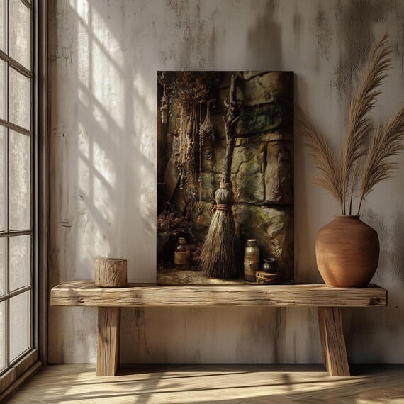 Witch Besom Broom Canvas Print Rustic Cottage Wall Art