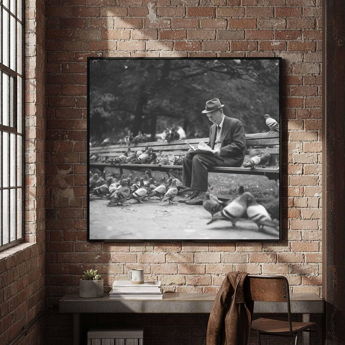 Vintage Old Man Feeding Pigeons Park Black White Photo Art Poster