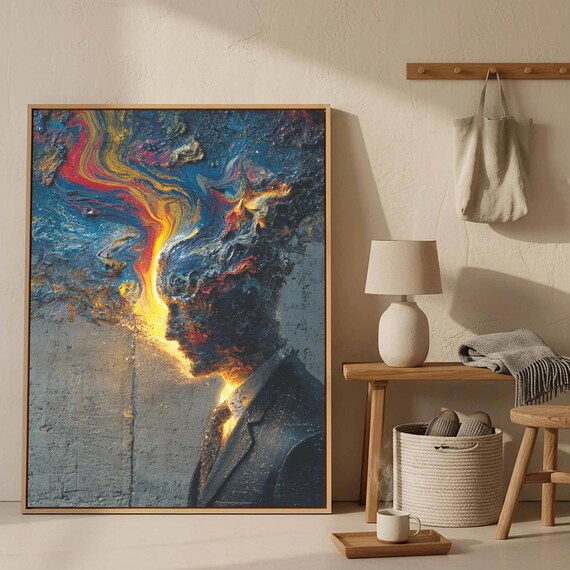 Burning Man Profile Colorful Abstract Flame Psychological Art Poster